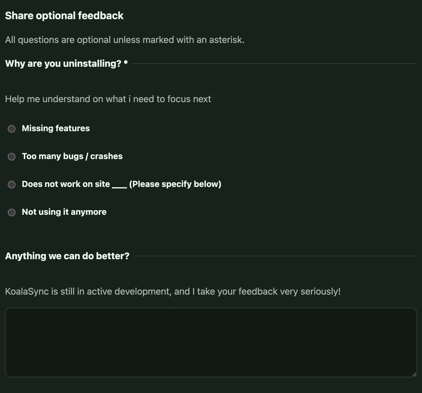 KoalaSync uninstall feedback form with optional reasons and a free-text field